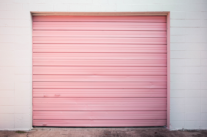 A pink-colored garage door